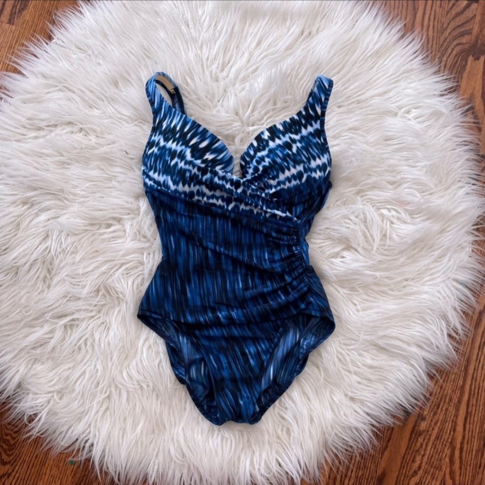 Miraclesuit blue underwire slimming ruched swimsuit size 12